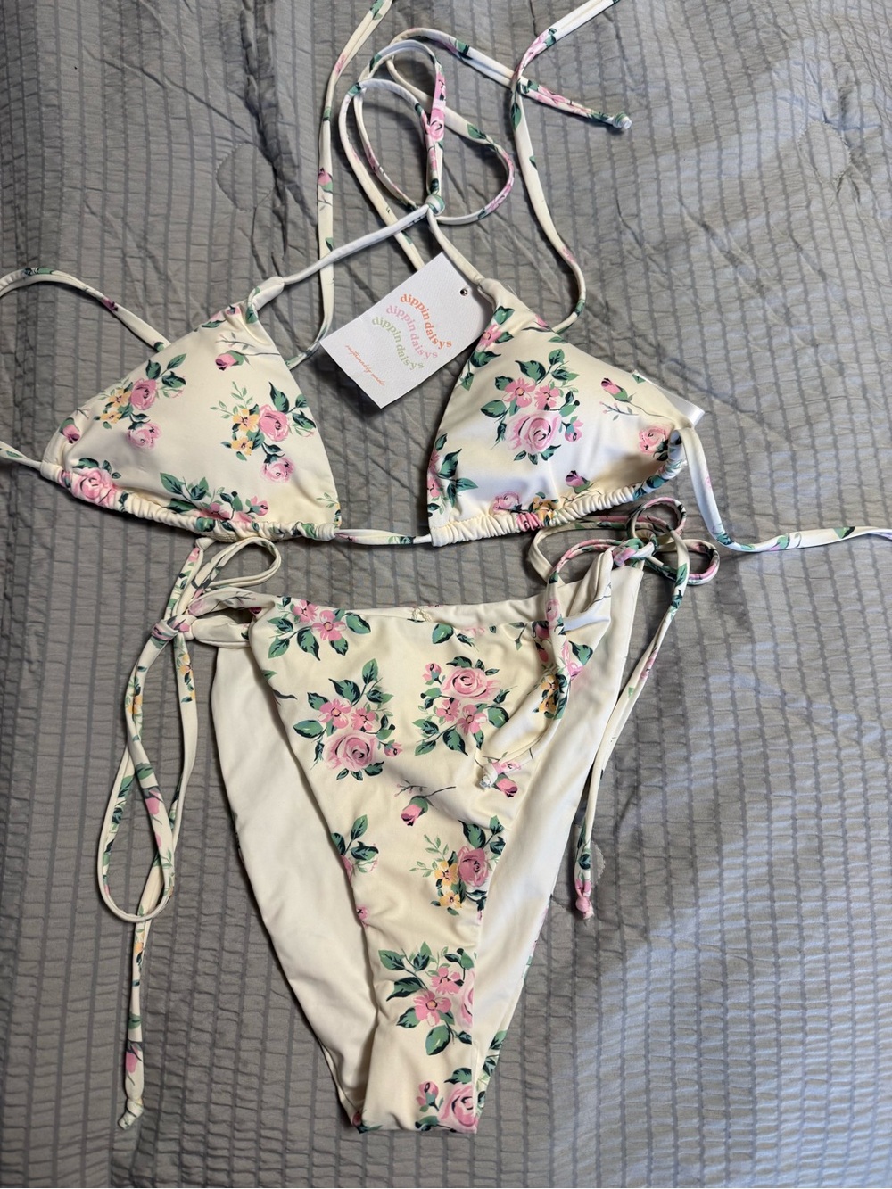 Dippin' Daisy's Cream Floral String Bikini with Pink Roses